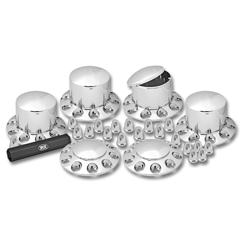 Chrome Plastic ABS Front & Rear Hub Cover Kit with Removeable Hubcap & Threaded Nut Covers (2 Front, 4 Rear & Nut Cover Puller)