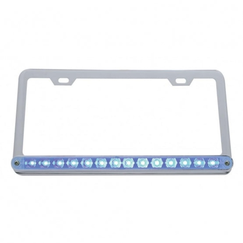 Chrome License Frame w/ 14 LED 12 Light Bar – Blue LED/Clear Lens