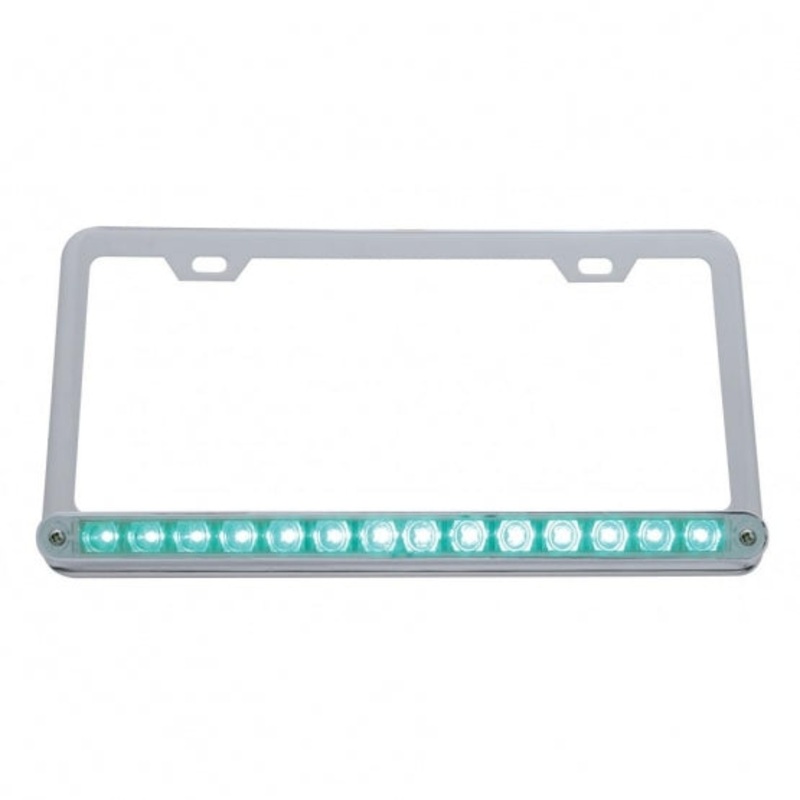 Chrome License Frame w/ 14 LED 12 Light Bar – Green LED/Clear Lens