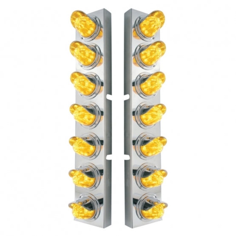 Kenworth Stainless Front Air Cleaner Bracket w/ Fourteen 11 LED Watermelon Lights & Visors – Amber LED/Amber Lens