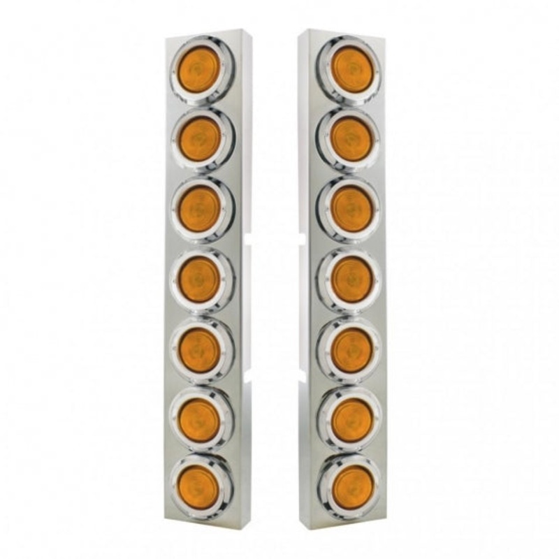 Kenworth Stainless Front Air Cleaner Bracket w/ Fourteen 2 Flat Lights & Bezels – Amber Lens