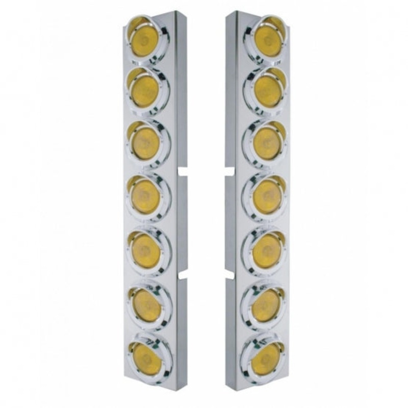 Kenworth Stainless Front Air Cleaner Bracket w/ Fourteen 2 Flat Lights & Visors – Amber Lens