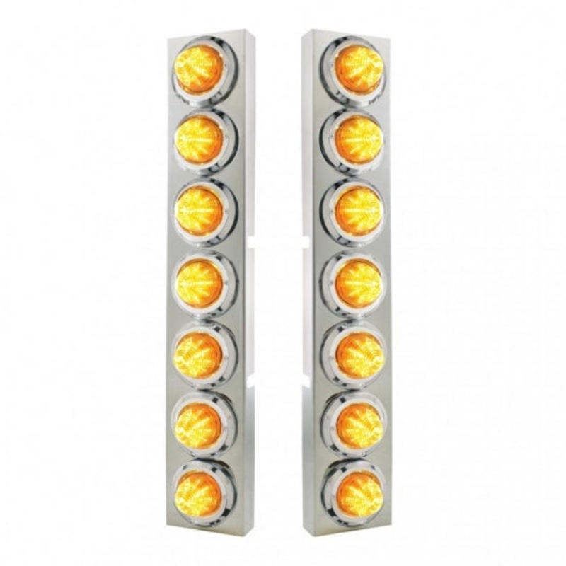 Kenworth Stainless Front Air Cleaner Bracket w/ Fourteen 9 LED 2 Beehive Lights & Bezels – Amber LED/Amber Lens