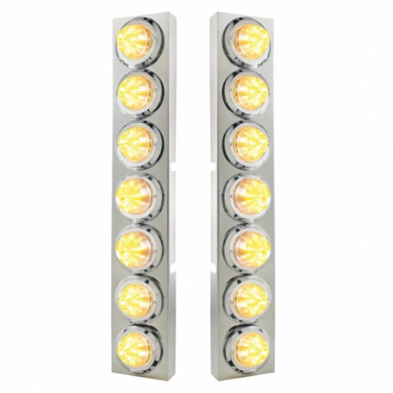 Kenworth Stainless Front Air Cleaner Bracket w/ Fourteen 9 LED 2 Beehive Lights & Bezels – Amber LED/Clear Lens