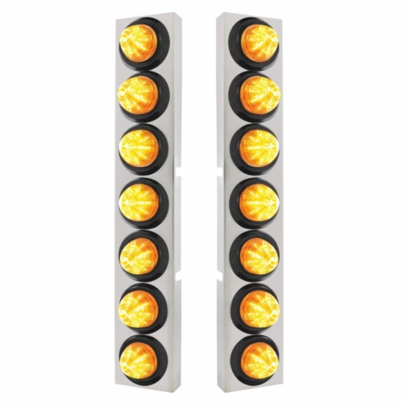 Kenworth Stainless Front Air Cleaner Bracket w/ Fourteen 9 LED 2 Beehive Lights & Grommets – Amber LED/Amber Lens