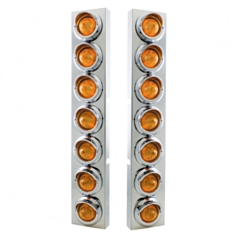 Kenworth Stainless Front Air Cleaner Bracket w/ Fourteen 9 LED 2 Beehive Lights & Visors – Amber LED/Amber Lens