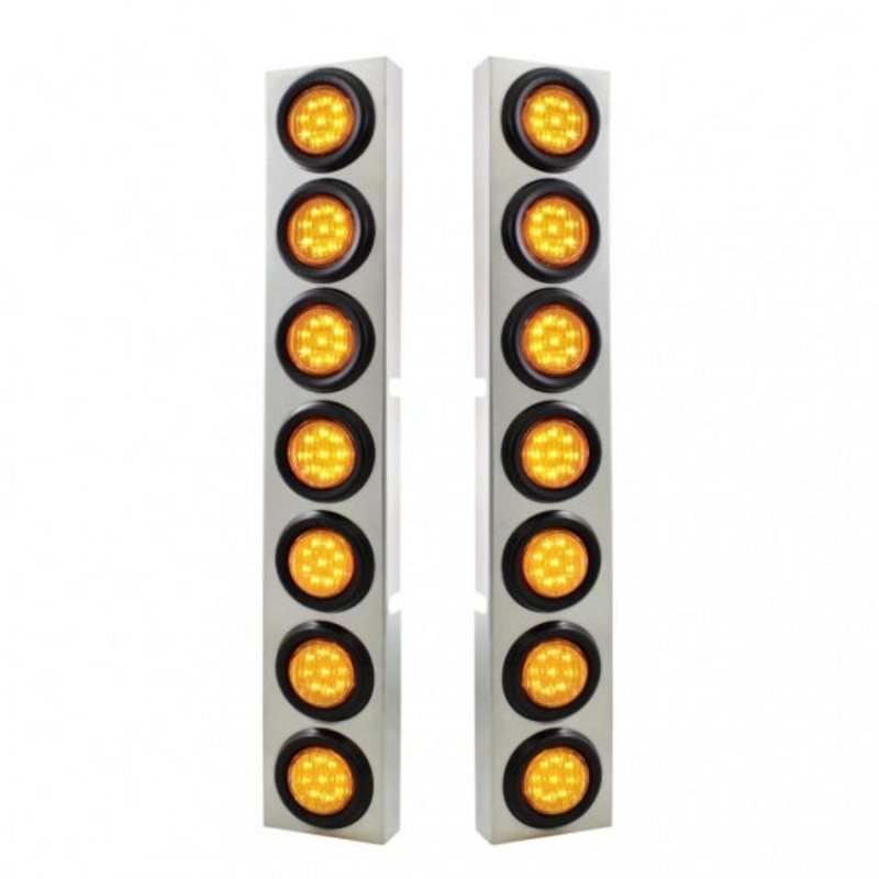 Kenworth Stainless Front Air Cleaner Bracket w/ Fourteen 9 LED 2 Lights & Grommets – Amber LED/Amber Lens