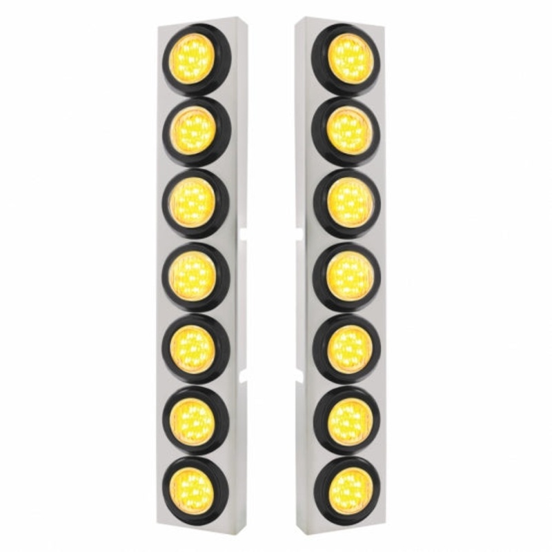 Kenworth Stainless Front Air Cleaner Bracket w/ Fourteen 9 LED 2 Lights & Grommets – Amber LED/Clear Lens
