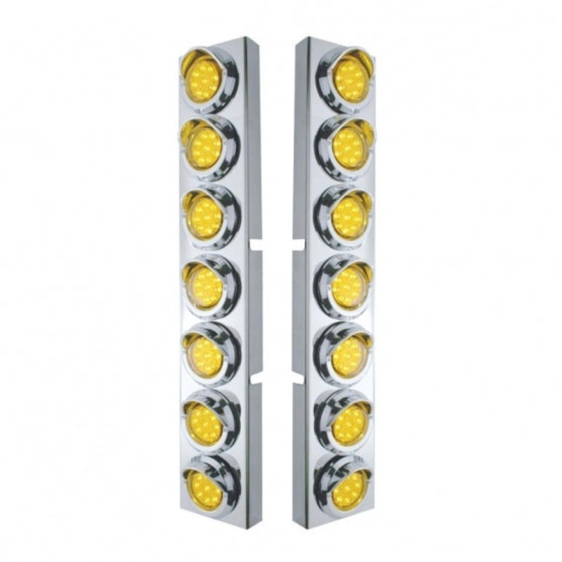 Kenworth Stainless Front Air Cleaner Bracket w/ Fourteen 9 LED 2 Lights & Visors – Amber LED/Amber Lens
