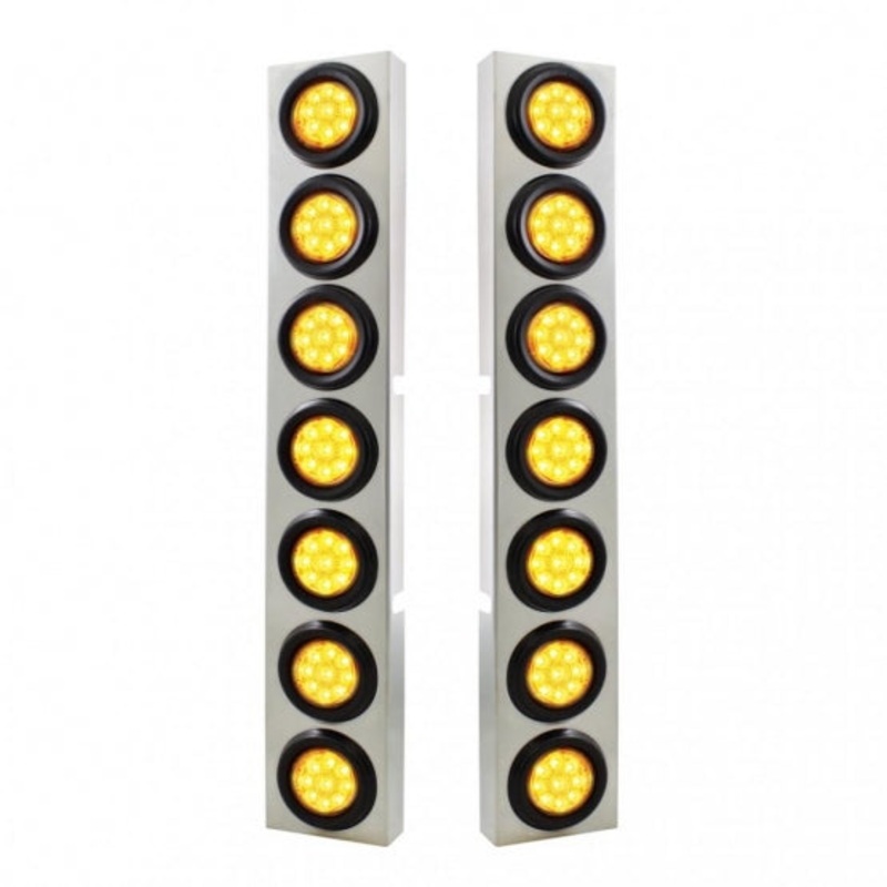 Kenworth Stainless Front Air Cleaner Bracket w/ Fourteen 9 LED 2 Reflector Lights & Grommets – Amber LED/Amber Lens