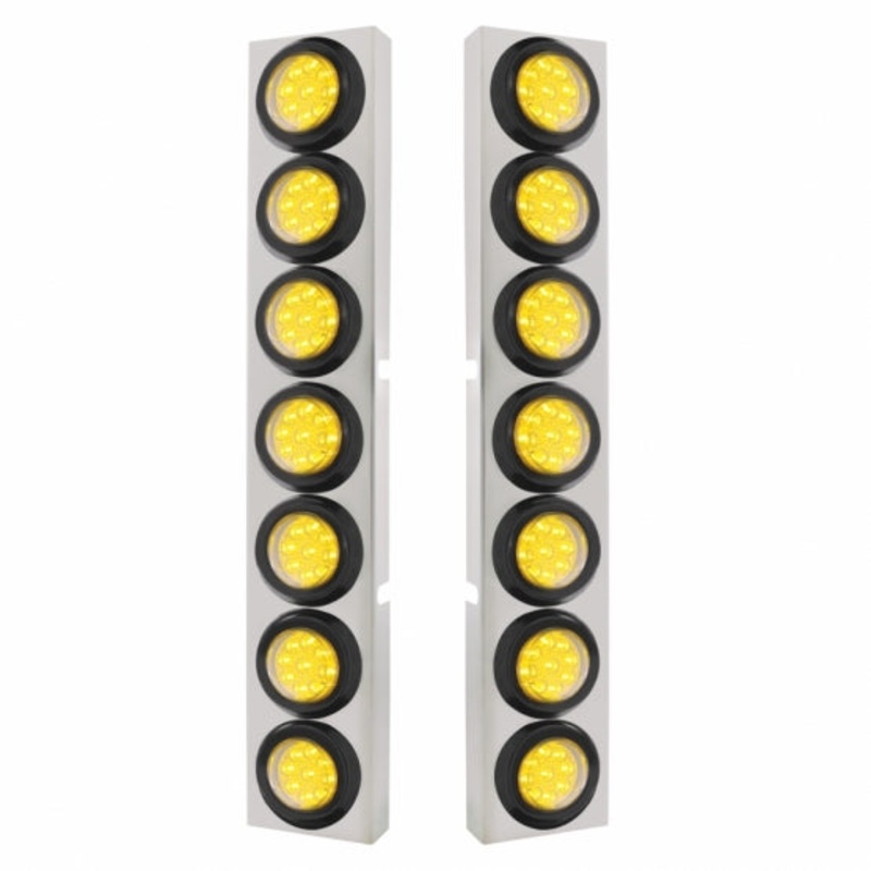 Kenworth Stainless Front Air Cleaner Bracket w/ Fourteen 9 LED 2 Reflector Lights & Grommets – Amber LED/Clear Lens