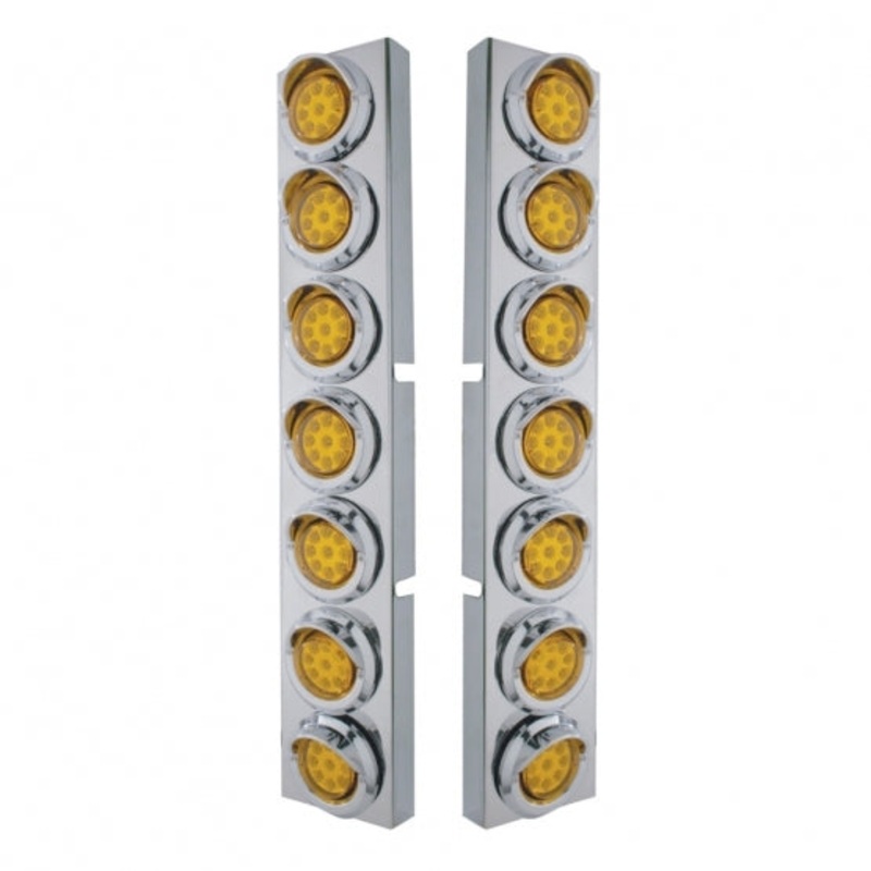 Kenworth Stainless Front Air Cleaner Bracket w/ Fourteen 9 LED 2 Reflector Lights & Visors – Amber LED/Amber Lens