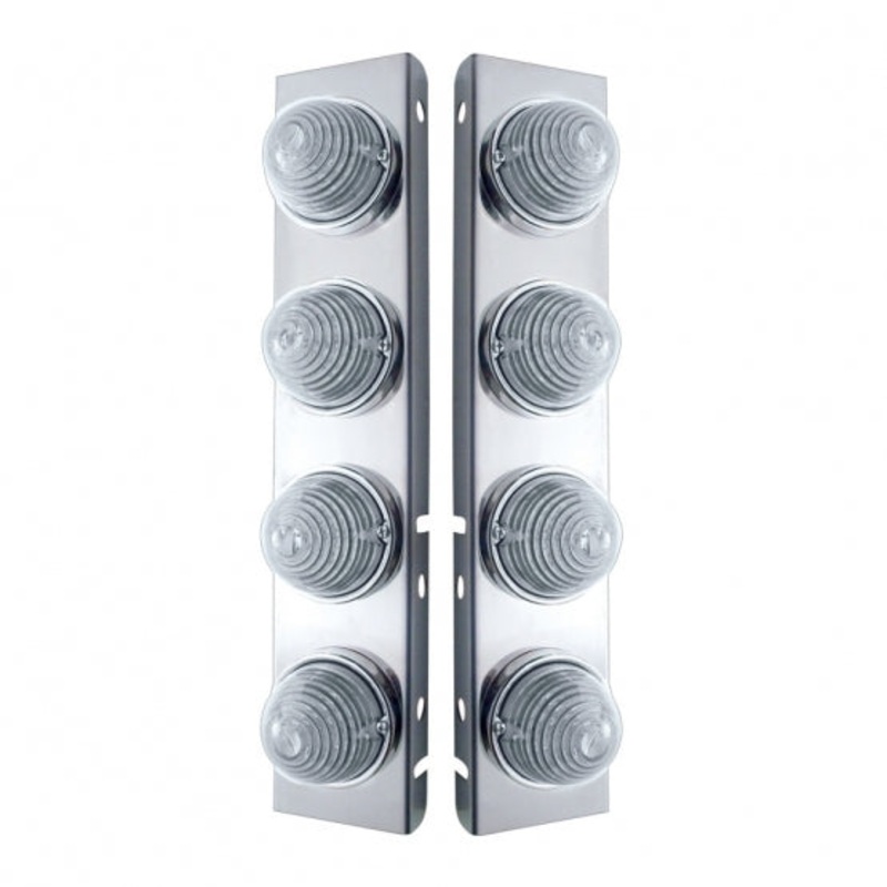 Peterbilt Stainless Front Air Cleaner Bracket w/ Eight 17 LED Beehive Lights & Stainless Bezels – Amber LED/Clear Lens