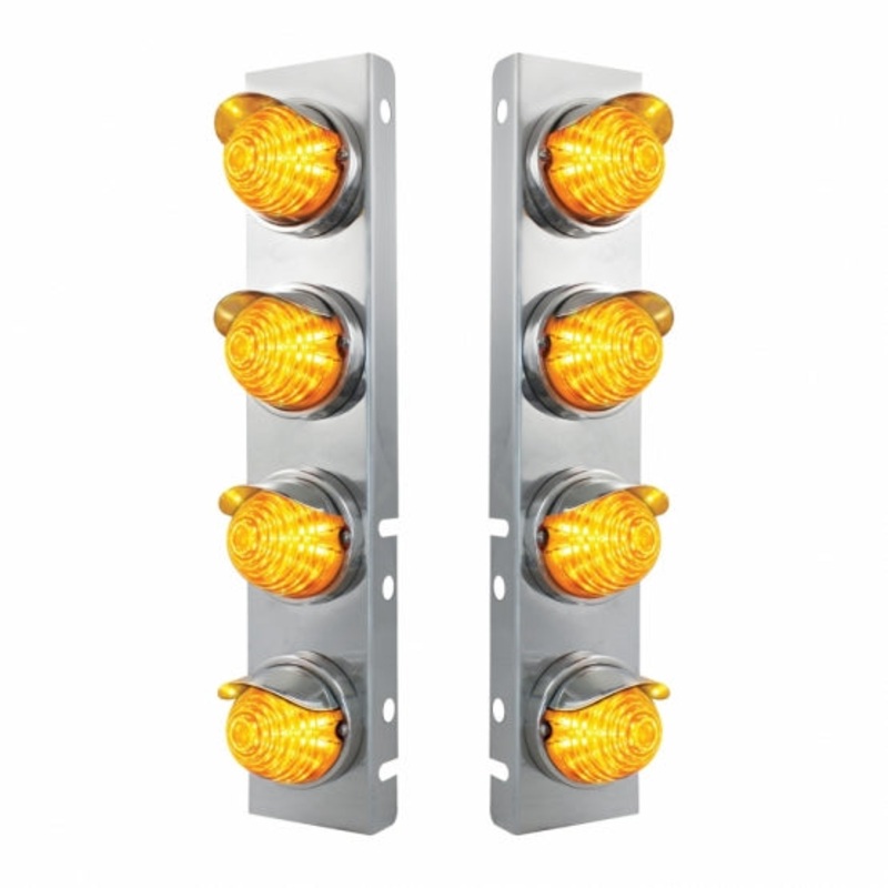 Peterbilt Stainless Front Air Cleaner Bracket w/ Eight 17 LED Beehive Lights & Stainless Visors – Amber LED/Amber Lens