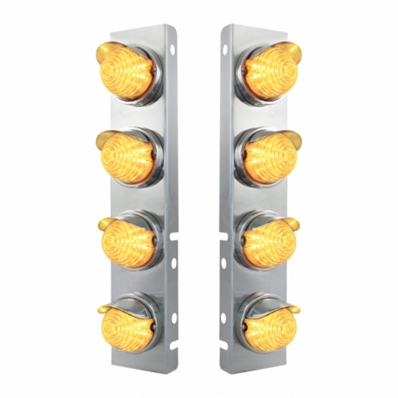 Peterbilt Stainless Front Air Cleaner Bracket w/ Eight 17 LED Beehive Lights & Stainless Visors – Amber LED/Clear Lens