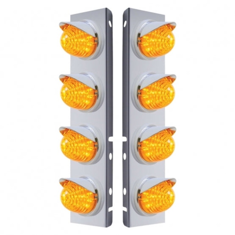Peterbilt Stainless Front Air Cleaner Bracket w/ Eight 17 LED Beehive Lights & Visors – Amber LED/Amber Lens
