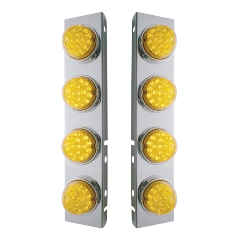 Peterbilt Stainless Front Air Cleaner Bracket w/ Eight 17 LED Clear Style Reflector Lights & Stainless Bezels – Amber LED/Amber Lens