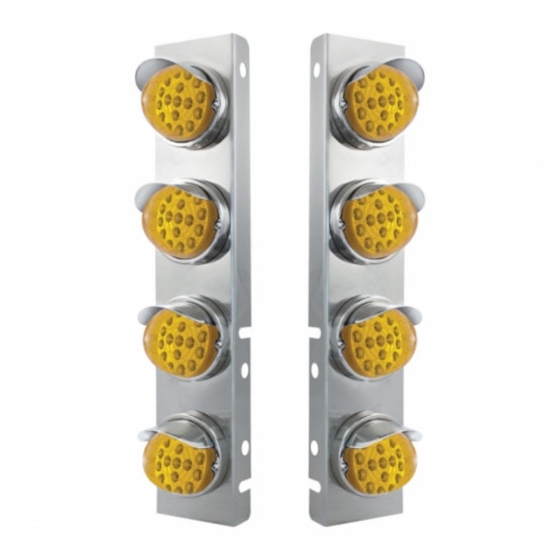 Peterbilt Stainless Front Air Cleaner Bracket w/ Eight 17 LED Clear Style Reflector Lights & Stainless Visors – Amber LED/Amber Lens