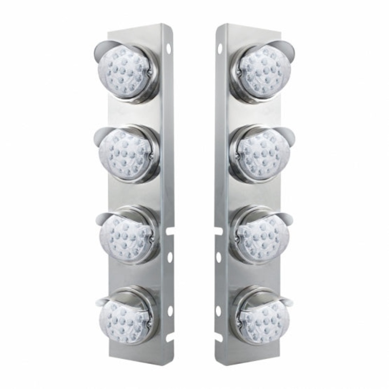 Peterbilt Stainless Front Air Cleaner Bracket w/ Eight 17 LED Clear Style Reflector Lights & Stainless Visors – Amber LED/Clear Lens