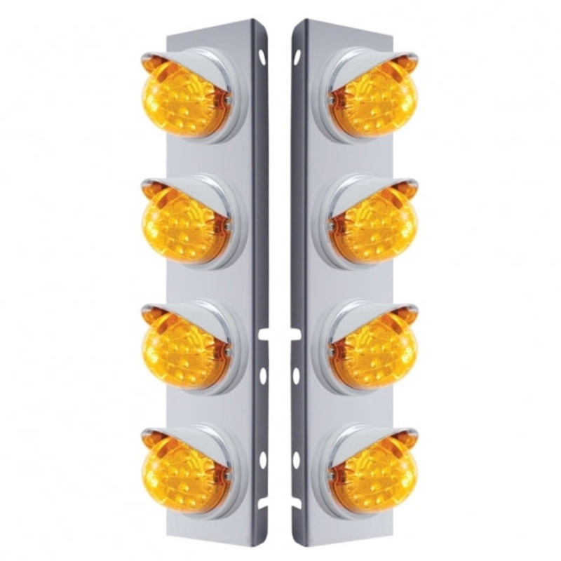 Peterbilt Stainless Front Air Cleaner Bracket w/ Eight 17 LED Clear Style Reflector Lights & Visors – Amber LED/Amber Lens