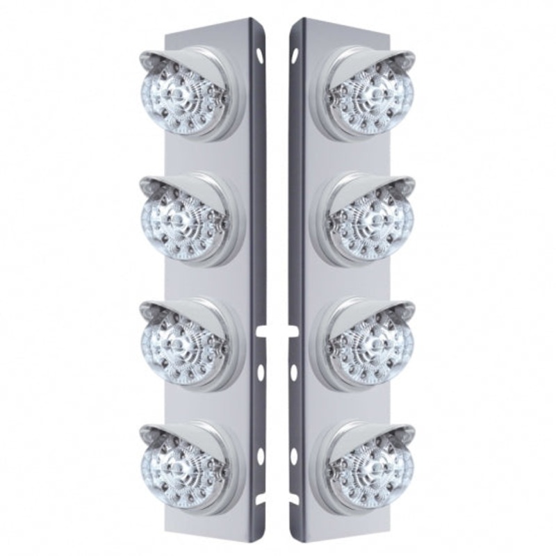 Peterbilt Stainless Front Air Cleaner Bracket w/ Eight 17 LED Clear Style Reflector Lights & Visors – Amber LED/Clear Lens