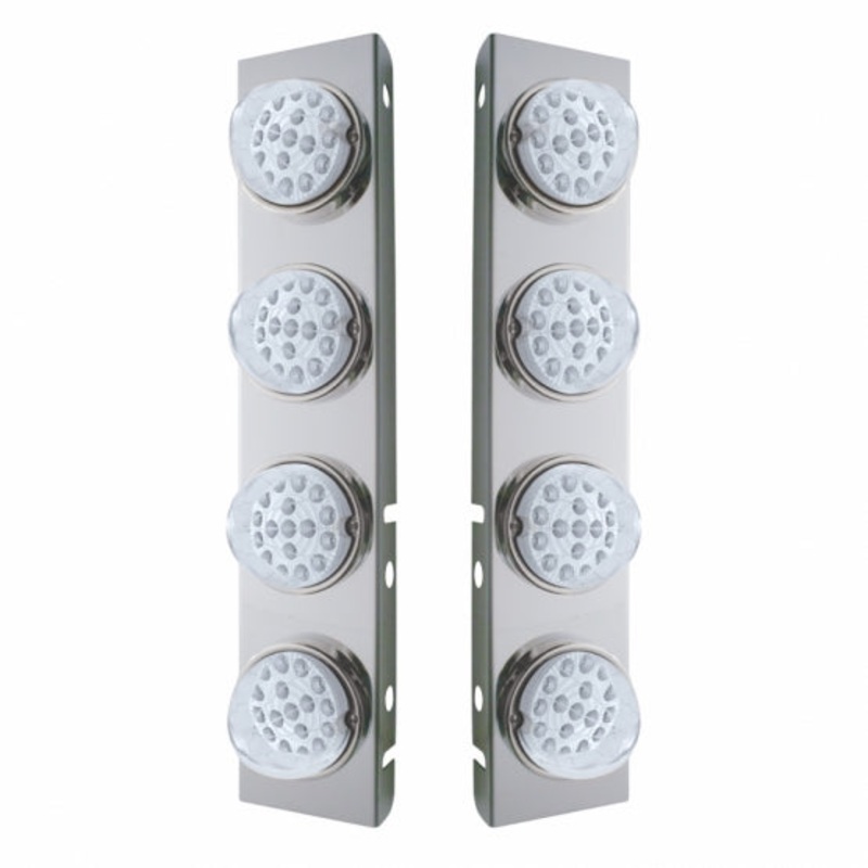 Peterbilt Stainless Front Air Cleaner Bracket w/ Eight 17 LED Dual Function Clear Style Reflector Lights & Stainless Bezels – Amber LED/Clear Lens