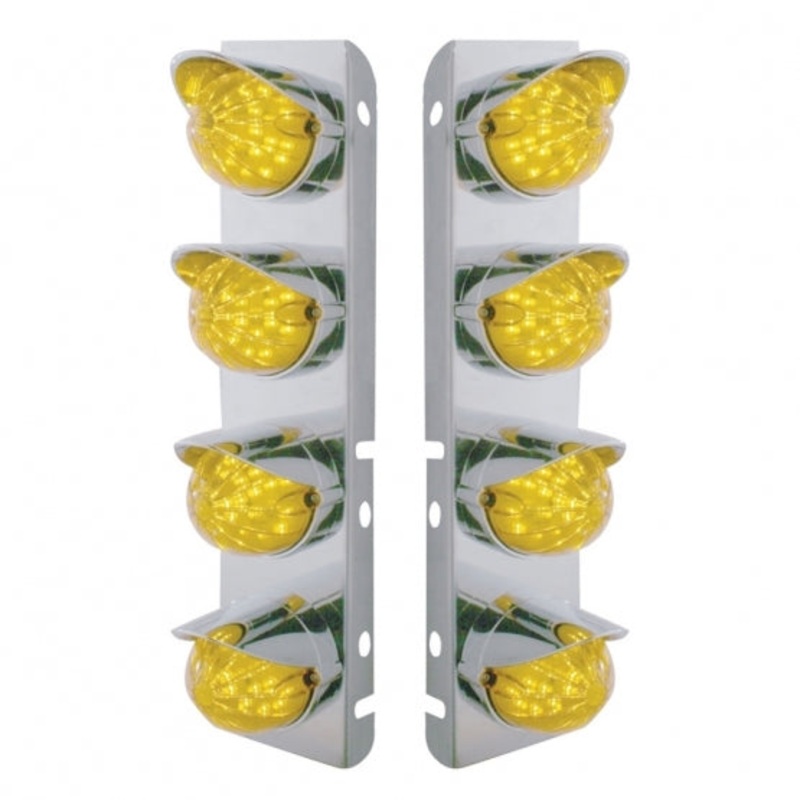 Peterbilt Stainless Front Air Cleaner Bracket w/ Eight 17 LED Dual Function Clear Style Reflector Lights & Stainless Visors – Amber LED/Amber Lens