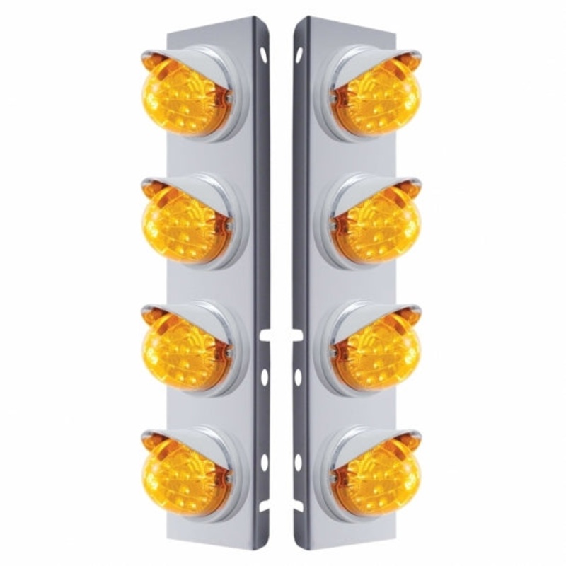 Peterbilt Stainless Front Air Cleaner Bracket w/ Eight 17 LED Dual Function Clear Style Reflector Lights & Visors – Amber LED/Amber Lens