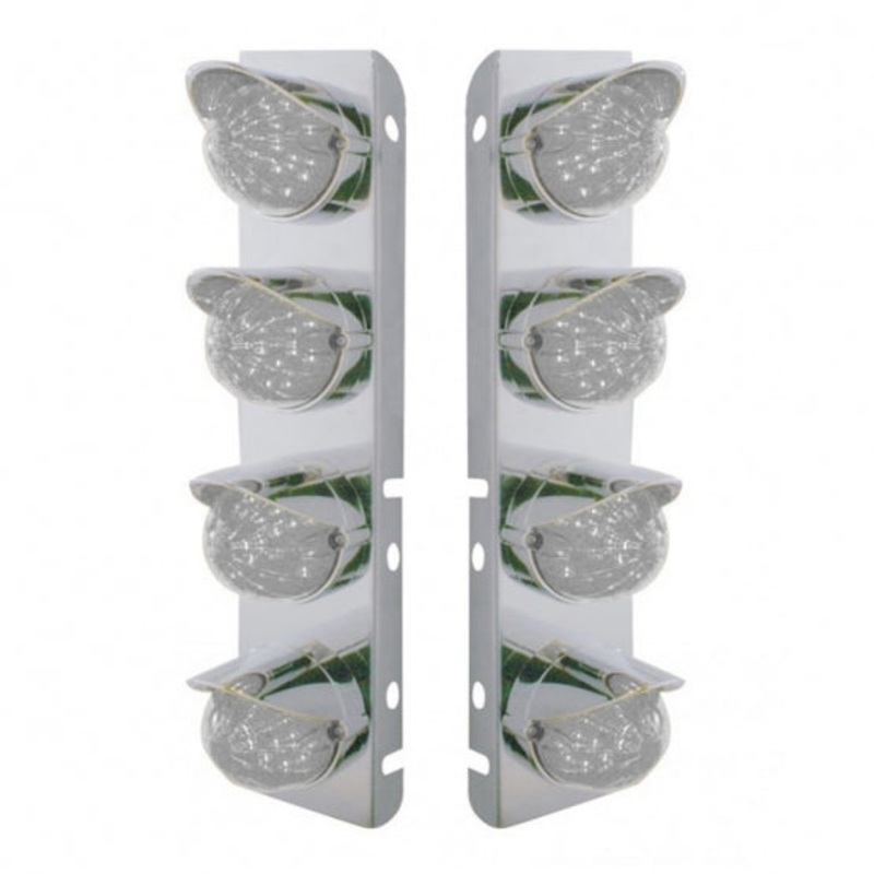 Peterbilt Stainless Front Air Cleaner Bracket w/ Eight 17 LED Dual Function Watermelon Lights & Stainless Visors – Amber LED/Clear Lens