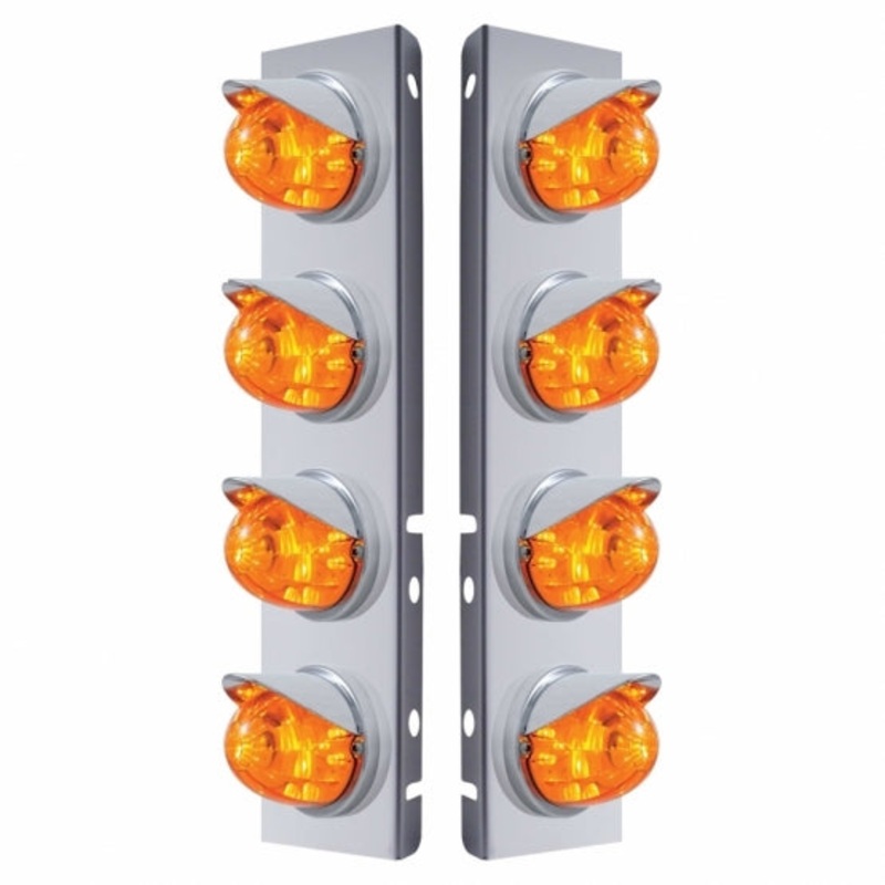 Peterbilt Stainless Front Air Cleaner Bracket w/ Eight 17 LED Dual Function Watermelon Lights & Visors – Amber LED/Amber Lens