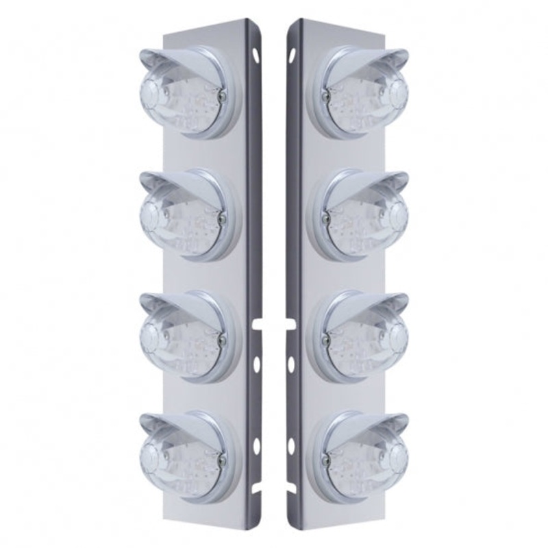 Peterbilt Stainless Front Air Cleaner Bracket w/ Eight 17 LED Dual Function Watermelon Lights & Visors – Amber LED/Clear Lens