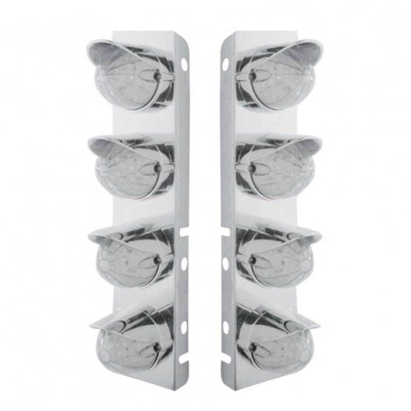 Peterbilt Stainless Front Air Cleaner Bracket w/ Eight 19 LED Bullet Style Lights & Visors – Amber LED/Clear Lens