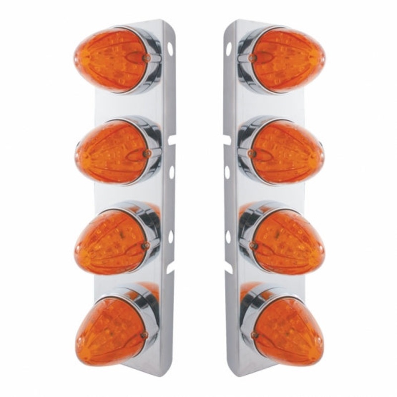 Peterbilt Stainless Front Air Cleaner Bracket w/ Eight 19 LED Watermelon Lights & Bezels – Amber LED/Dark Amber Lens