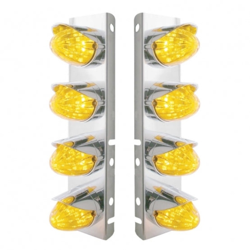 Peterbilt Stainless Front Air Cleaner Bracket w/ Eight 19 LED Watermelon Lights & Visors – Amber LED/Amber Lens