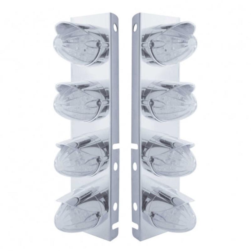 Peterbilt Stainless Front Air Cleaner Bracket w/ Eight 19 LED Watermelon Lights & Visors – Amber LED/Clear Lens