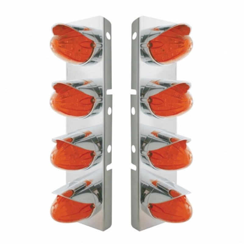 Peterbilt Stainless Front Air Cleaner Bracket w/ Eight 19 LED Watermelon Lights & Visors – Amber LED/Dark Lens