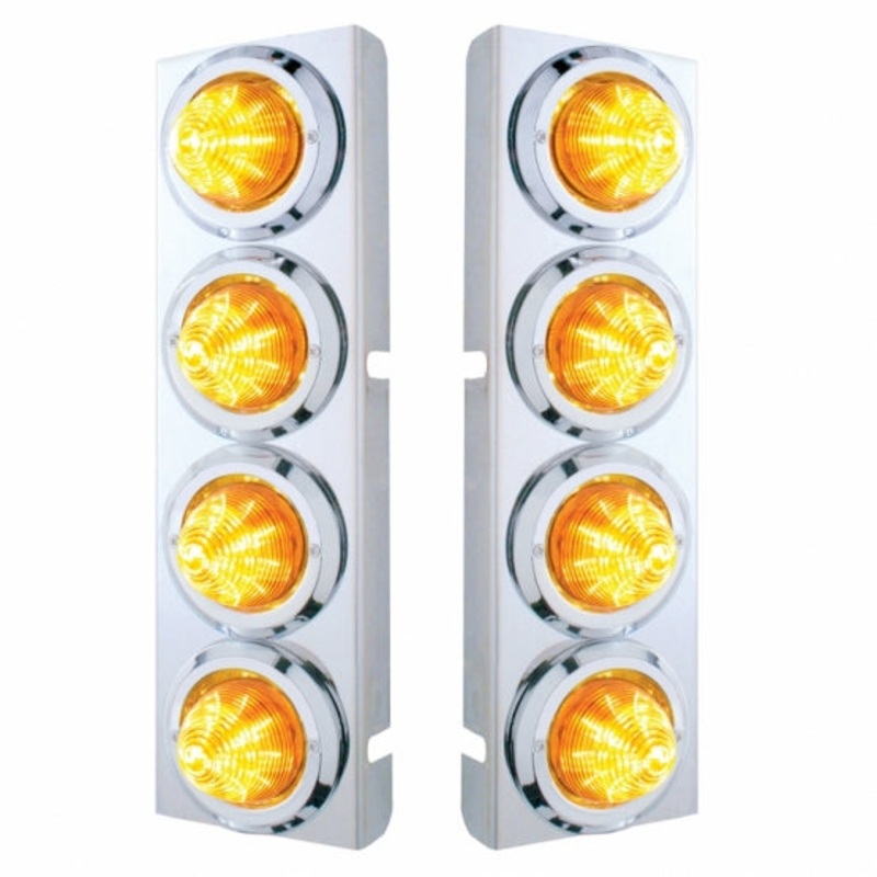 Peterbilt Stainless Front Air Cleaner Bracket w/ Eight 9 LED 2 Beehive Lights & Bezels – Amber LED/Amber Lens