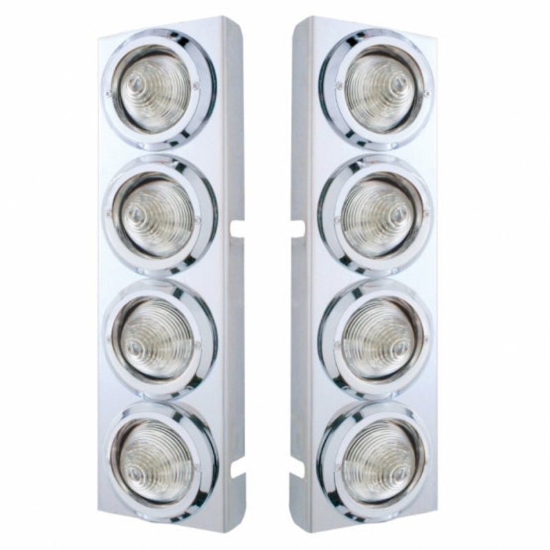 Peterbilt Stainless Front Air Cleaner Bracket w/ Eight 9 LED 2 Beehive Lights & Bezels – Amber LED/Clear Lens