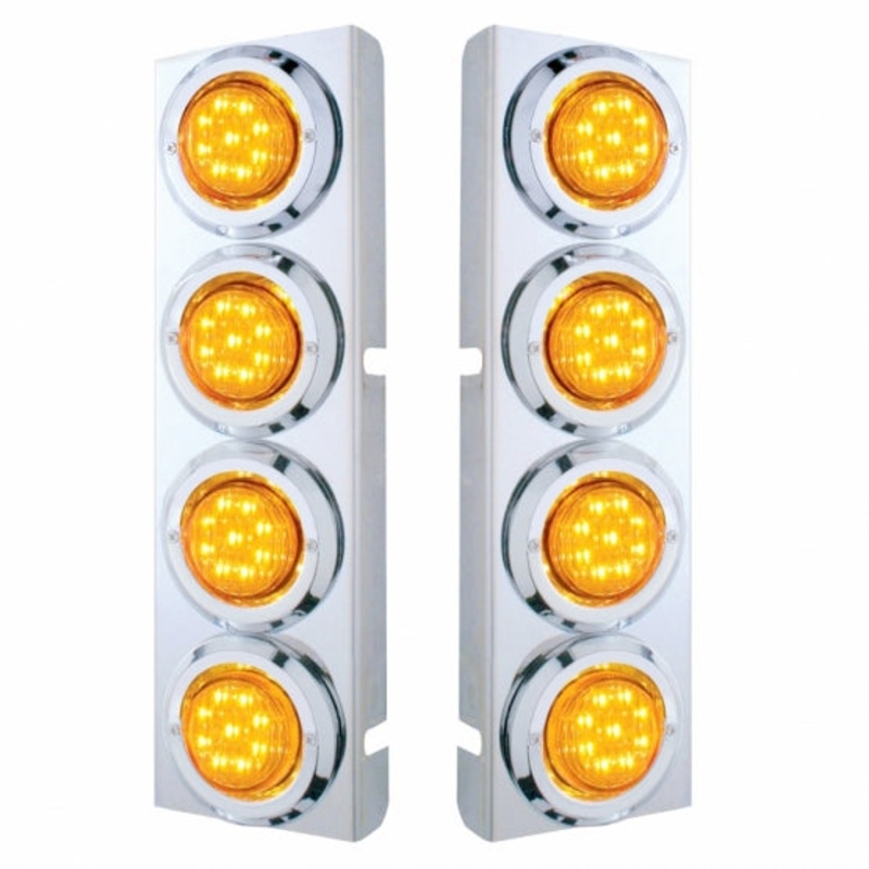 Peterbilt Stainless Front Air Cleaner Bracket w/ Eight 9 LED 2 Lights & Bezels – Amber LED/Amber Lens