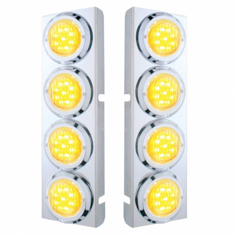 Peterbilt Stainless Front Air Cleaner Bracket w/ Eight 9 LED 2 Lights & Bezels – Amber LED/Clear Lens