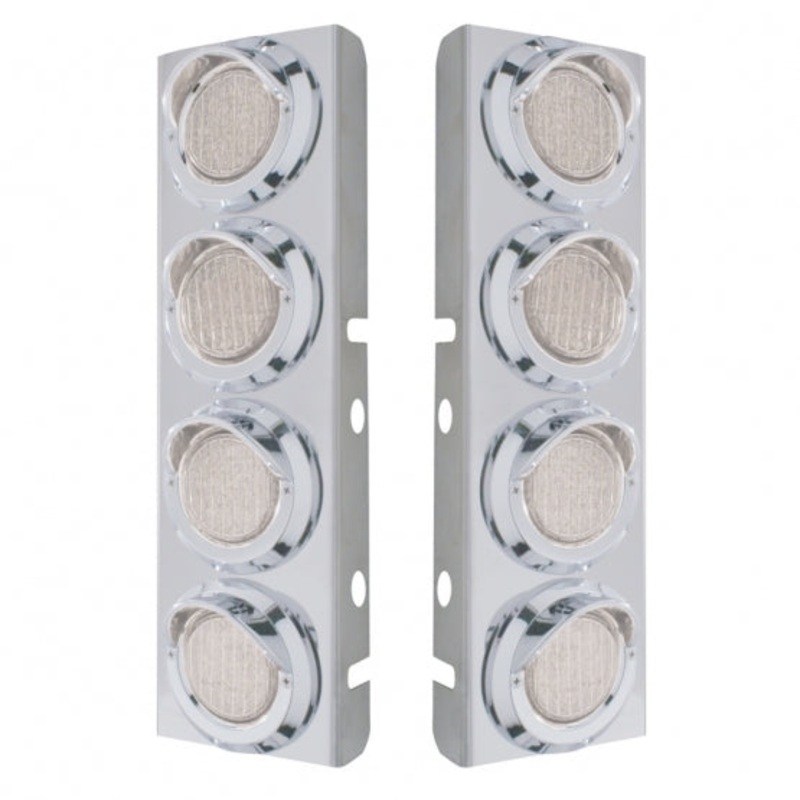 Peterbilt Stainless Front Air Cleaner Bracket w/ Eight 9 LED 2 Lights & Visors – Amber LED/Clear Lens