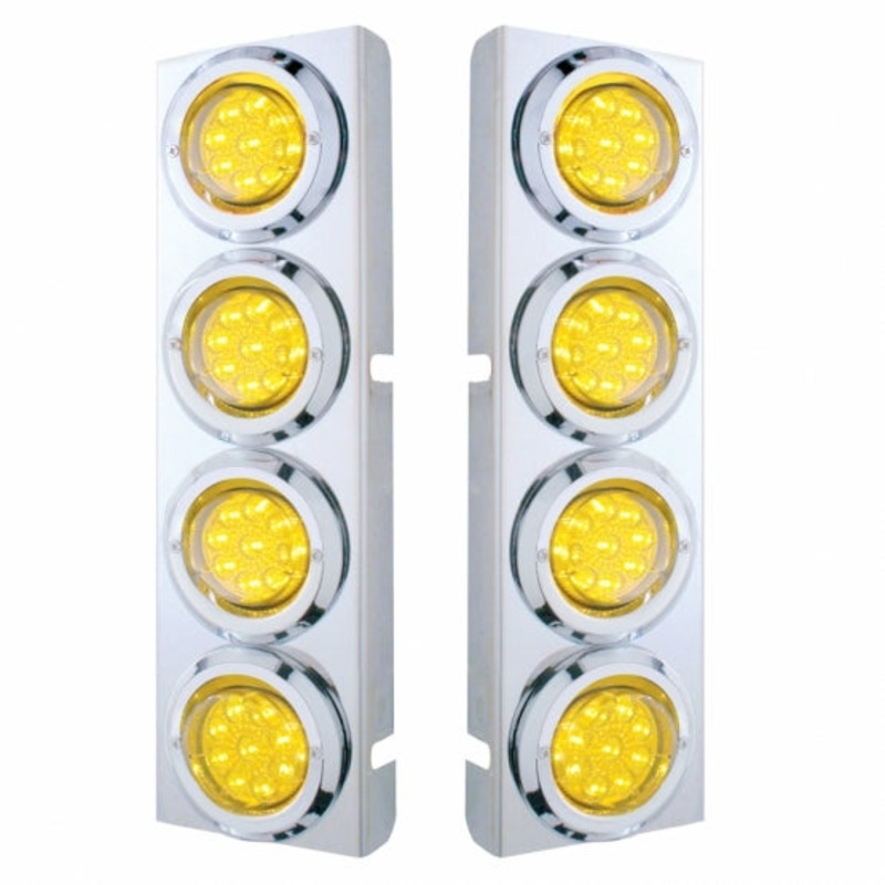 Peterbilt Stainless Front Air Cleaner Bracket w/ Eight 9 LED 2 Reflector Lights & Bezels – Amber LED/Amber Lens