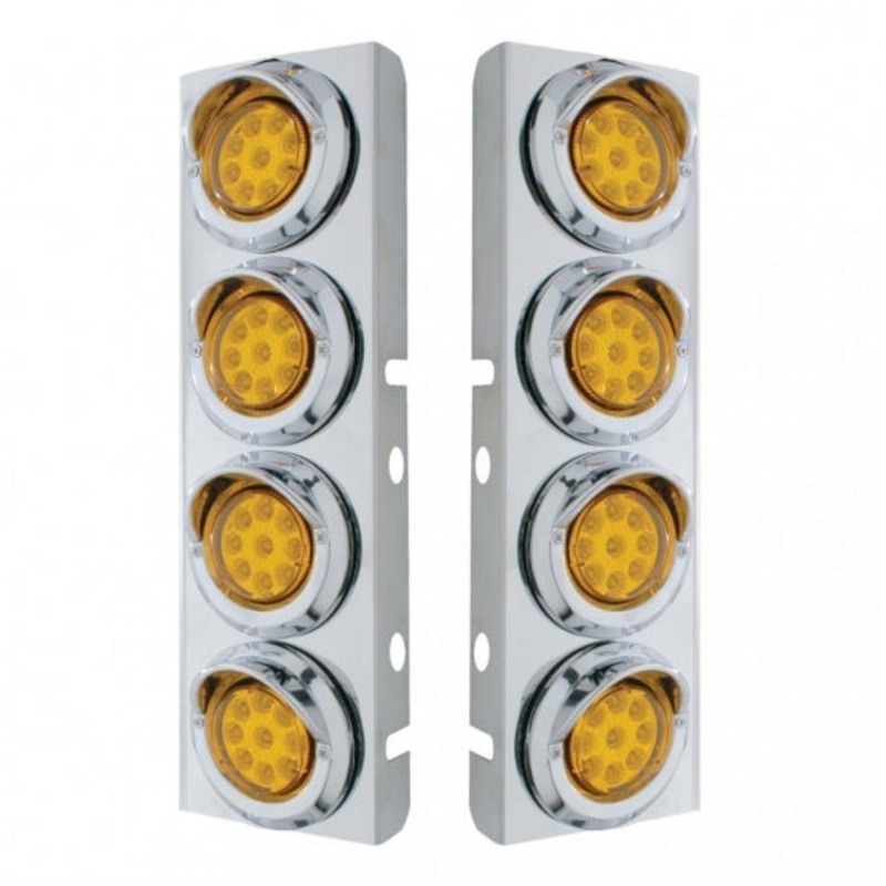Peterbilt Stainless Front Air Cleaner Bracket w/ Eight 9 LED 2 Reflector Lights & Visors – Amber LED/Amber Lens