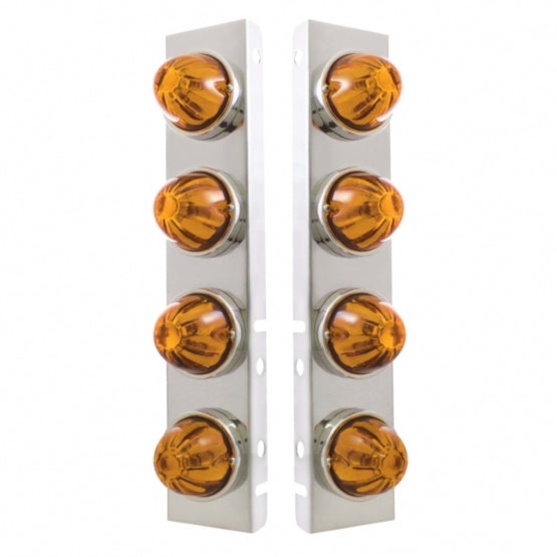 Peterbilt Stainless Front Air Cleaner Bracket w/ Eight Glass Watermelon Lights & Stainless Bezels – Amber Lens