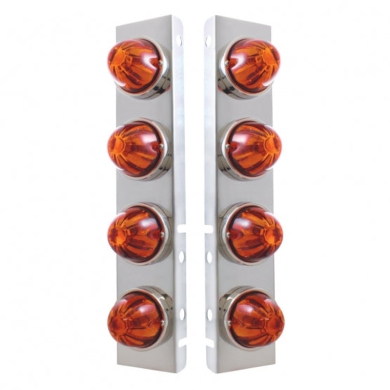 Peterbilt Stainless Front Air Cleaner Bracket w/ Eight Glass Watermelon Lights & Stainless Bezels – Dark Amber Lens