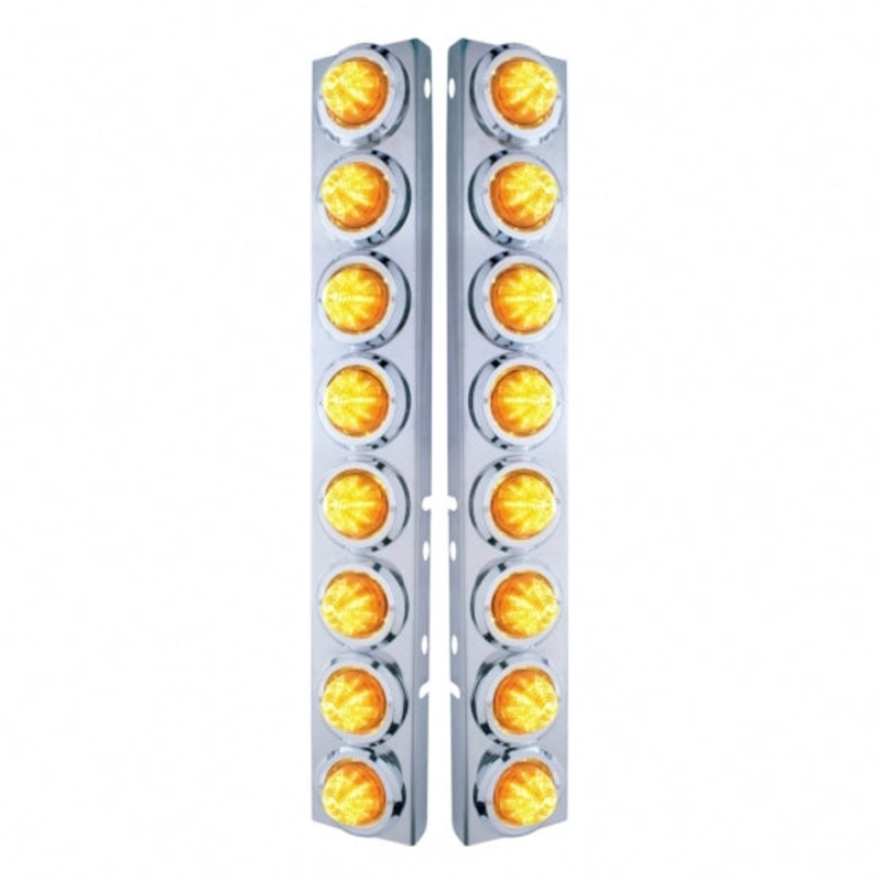 Peterbilt Stainless Front Air Cleaner Bracket w/ Sixteen 9 LED 2 Beehive Lights & Bezels – Amber LED/Amber Lens