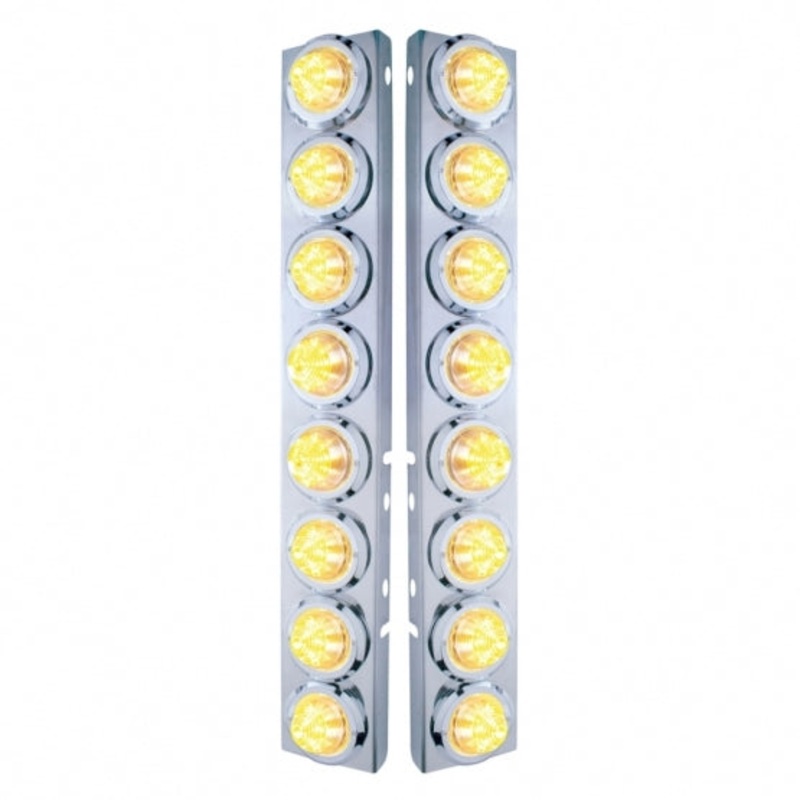 Peterbilt Stainless Front Air Cleaner Bracket w/ Sixteen 9 LED 2 Beehive Lights & Bezels – Amber LED/Clear Lens