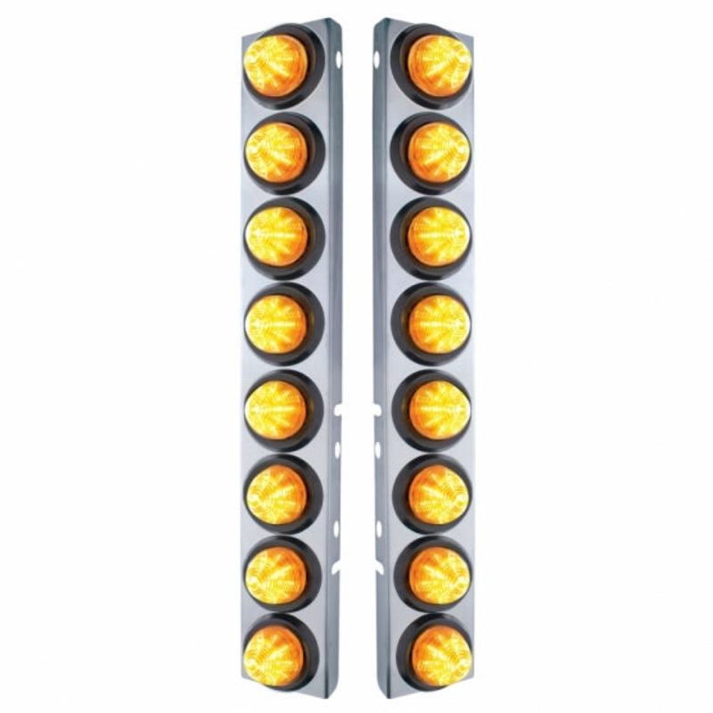 Peterbilt Stainless Front Air Cleaner Bracket w/ Sixteen 9 LED 2 Beehive Lights & Grommets – Amber LED/Amber Lens