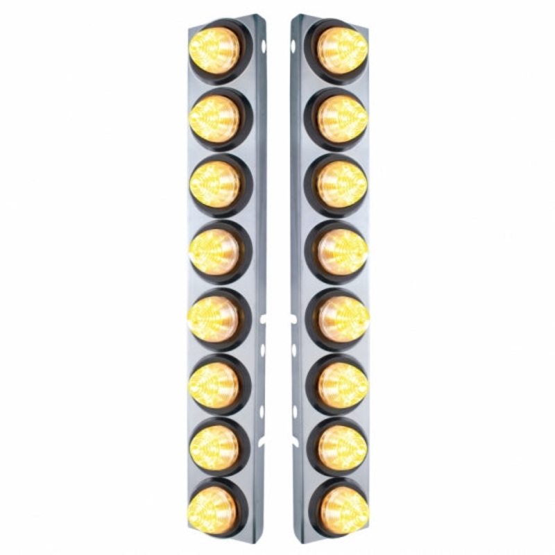Peterbilt Stainless Front Air Cleaner Bracket w/ Sixteen 9 LED 2 Beehive Lights & Grommets – Amber LED/Clear Lens