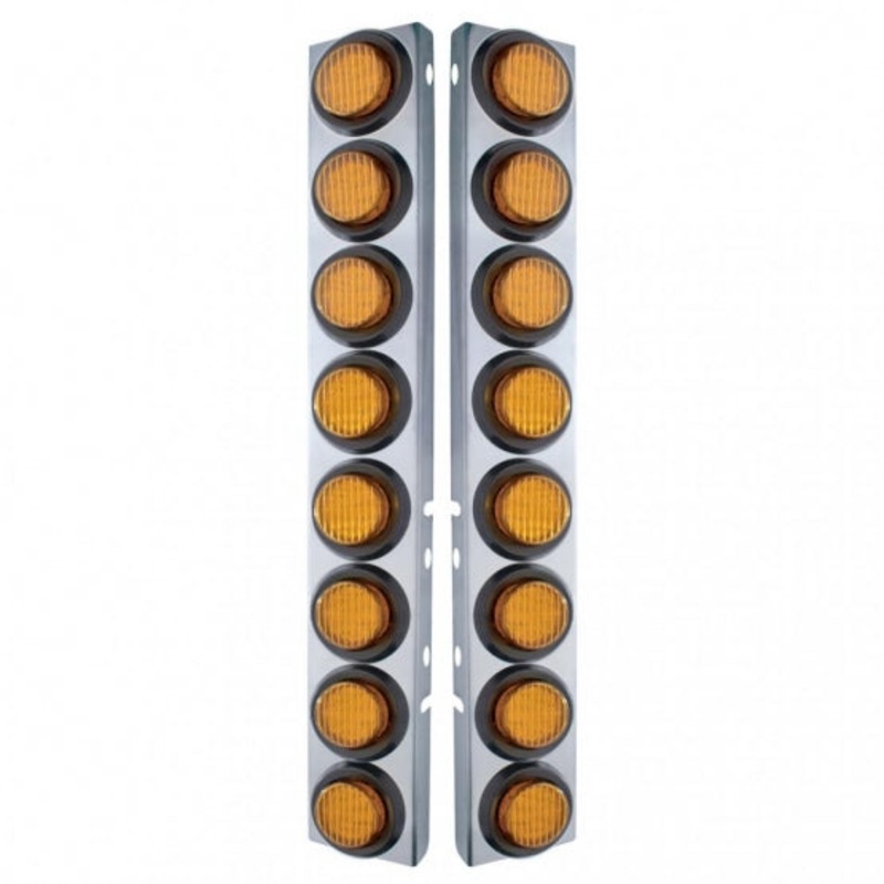 Peterbilt Stainless Front Air Cleaner Bracket w/ Sixteen 9 LED 2 Lights & Grommets – Amber LED/Amber Lens